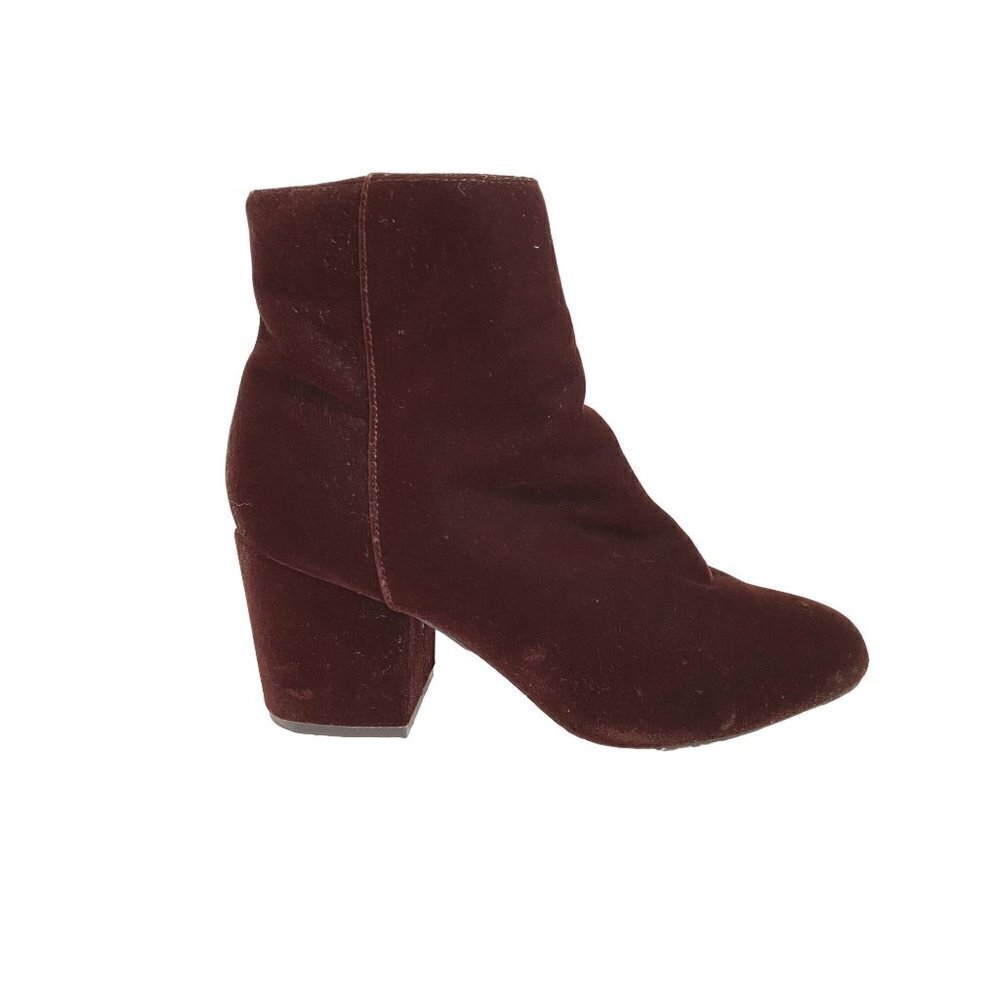 Atmosphere Velvet Zip Up Ankle Boots with Block Heel Garnet Color Women's Size 6